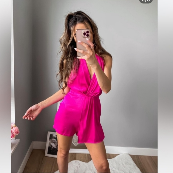 ZARA SATIN EFFECT SHORT JUMPSUIT ROMPER FUCHSIA Pink size L - Picture 7 of 12